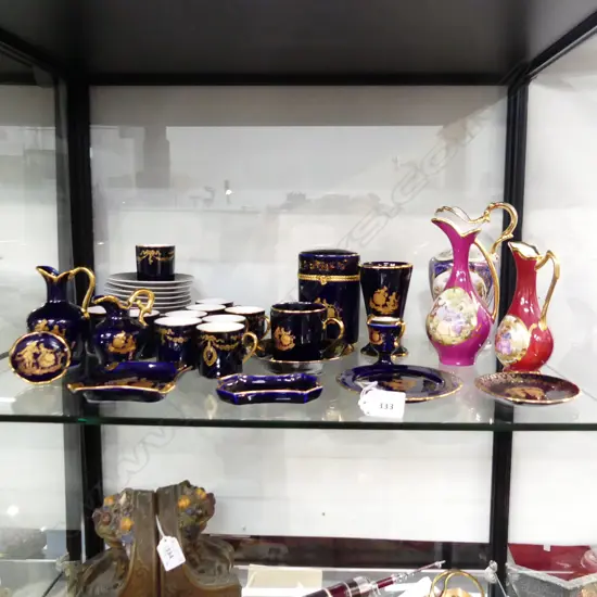 ASSORTED LIMOGES INCL. COBALT & GOLD CUPS & SAUCERS, VASES, CIGAR HOLDER ETC..