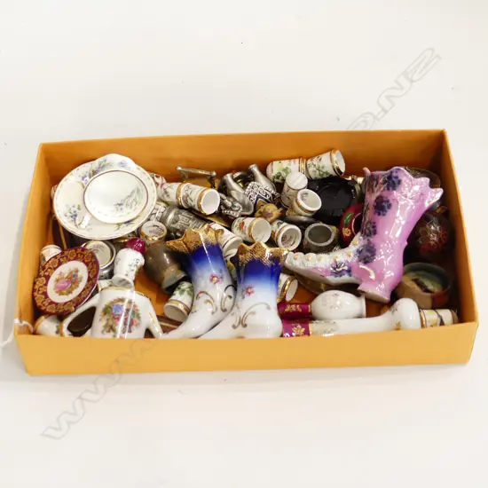 SM BOX COLLECTABLES INCL PORCELAIN THIMBLE COLLECTION & WOODEN THIMBLE HOLDER