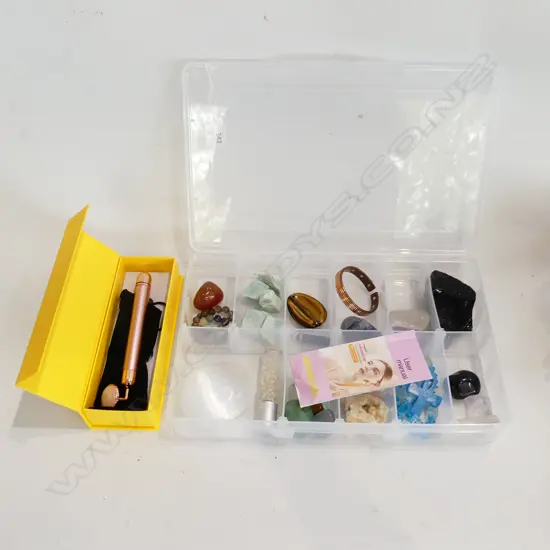 TRAY ASST. CRYSTALS, POLISHED STONES ETC + BEAUTY BAR, CASED