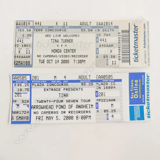 2 UNUSED TINA TURNER 2008 CONCERT TICKETS, PLAZA CONCOURSE & HONDA CENTER