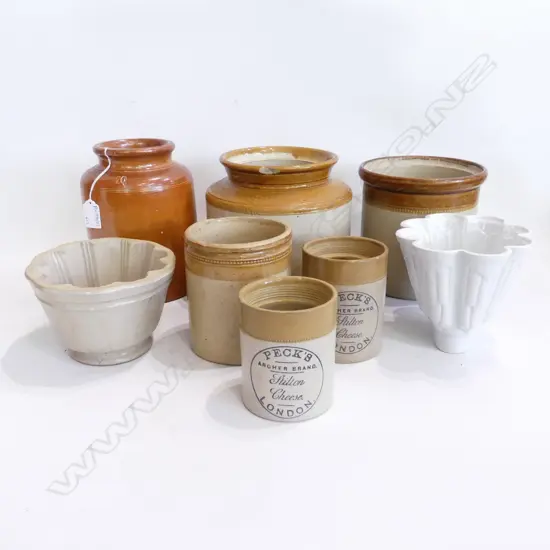 6 ASST. CROCKS (NO LIDS) + 2 CERAMIC JELLY MOULDS