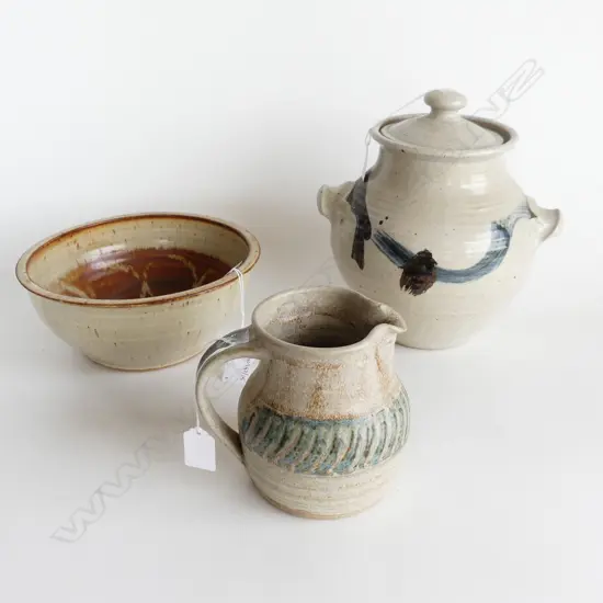 STUDIO POTTERY A JUG, A BOWL AND A LIDDED CASSEROLE; H300MM & POTTERY JUG 140MM