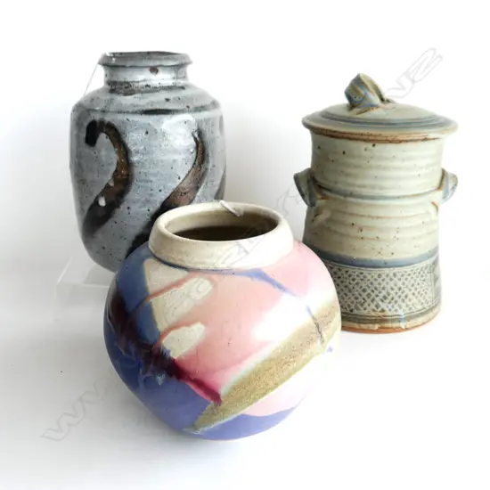 3 PCS LG POTTERY, CROCK (signed) (H. 280mm), OVOID VASE (signed) (H. 210mm) & LG VASE (H.240mm)