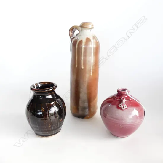 PAUL TOBIN BOTTLE FORM (H. 335mm), TENMOKU CUTSIDED VASE (H. 165mm) & COPPER RED OVOID VASE (H. 180mm)