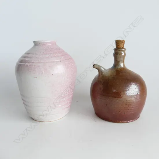 NZ STUDIO POTTERY SHINO OIL POURER (H. 190mm) & UNUSUAL PINK GLAZED VASE (H. 195mm)