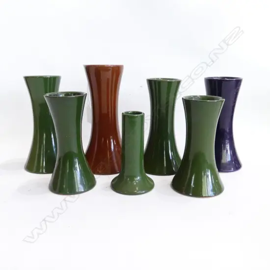 7 VASES; 5 GREEN, PURPLE & BROWN H.200mm