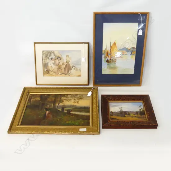 4 ARTWORKS; E. OLIVER OIL ON CANVAS 'FIREWOOD COLLECTORS' 260x425mm, YACHT OIL, LANDSCAPE OIL, COUNTRY WOMEN W/C 200x300