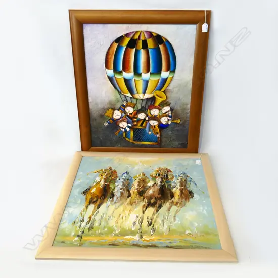 2 OILS, MUSICIANS IN HOT AIR BALOON 585x485mm, RACING HORSES