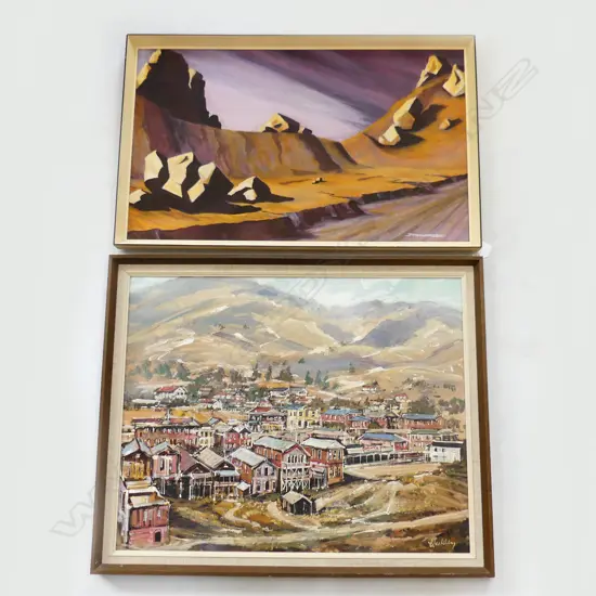 2 OIL ON BOARD ARTWORKS; VILLAGE IN LANDSCAPE 580x730mm, J. RICHARDSON ABSTRACT LANDCAPE