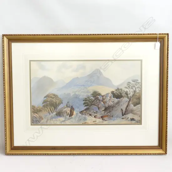 19thC NZ COLONIAL W/C w. 2 MAORI FIGURES IN EXTENSIVE LANDSCAPE - INDISTINCTLY SIGNED 315x550mm