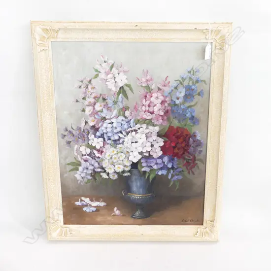 ETHEL CHRISTIE, OIL ON BOARD STILL LIFE SUMMER FLOWERS 495x395mm