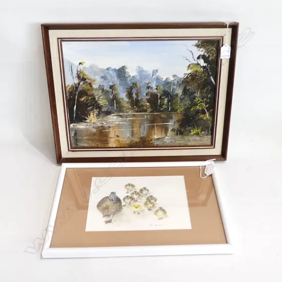 2 ARTWORKS; OIL ON BOARD BUSH SCENE 290x390mm, PRINT OF DUCKLINGS