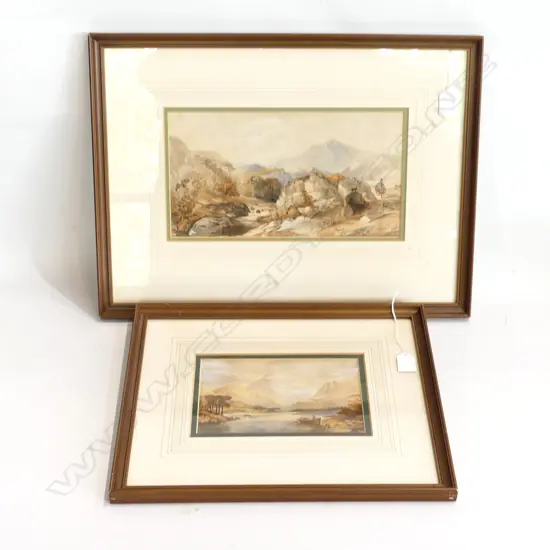 2 MID 19thC ENGLISH W/Cs; LANDSCAPES w. FIGURES, LARGER SIGNED INDISTINCTLY 170x310mm
