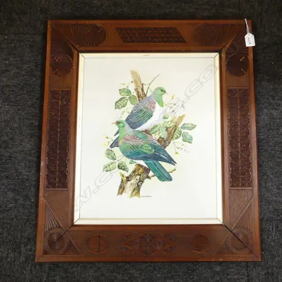 JEANETTE BLACKBURN (NZ b. 1940) 'NZ WOOD PIGEONS IN PURIRI' OIL ON BOARD 420x350mm IN CHIP CARVED FRAME