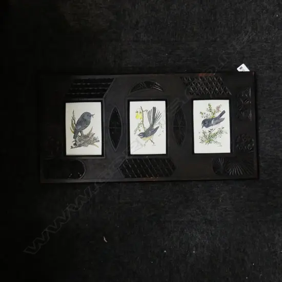 JEANETTE BLACKBURN (NZ b.1940) NATIVE BIRDS TRIPTYCH, OIL ON BOARD 1984 140x95mm IN CHIP CARVED FRAME 295x595mm