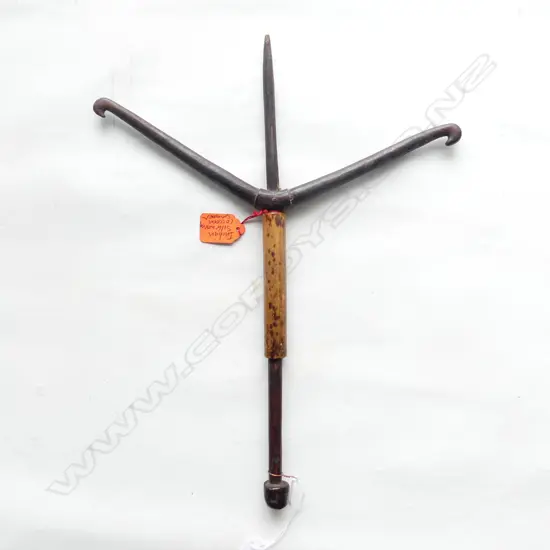 A WOODEN INDIAN HANDHELD SILK SPINNER L 380 MM