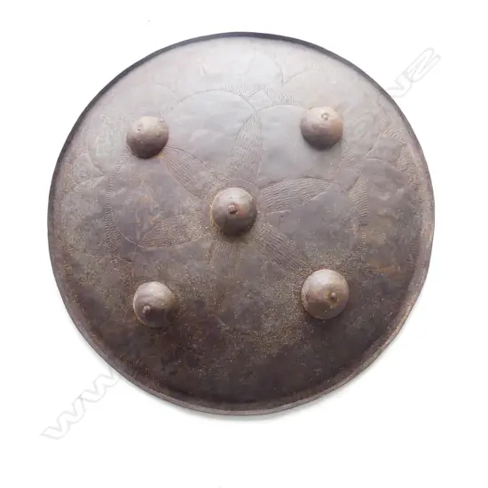 19THC INDO PERSIAN FORGED IRON DHAL SHIELD WITH INCISED DECORATION D 410 MM