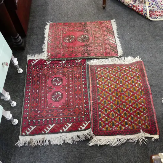 3 SMALL HAND KNOTTED ALL WOOL TURKOMAN TRIBAL RUGS 640x470mm
