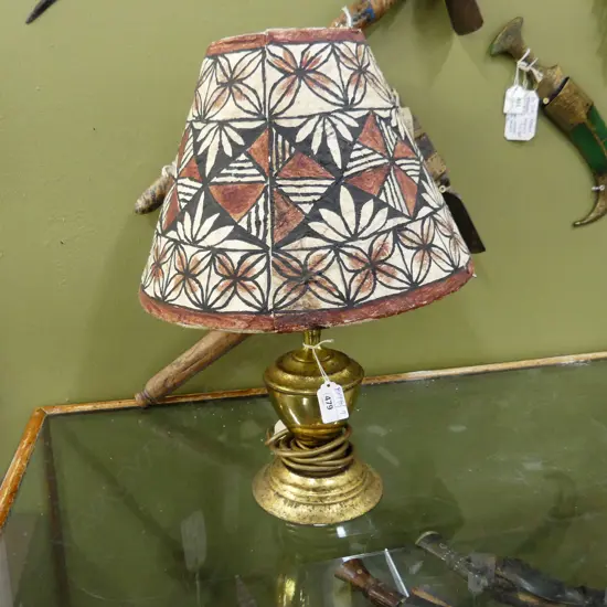 BRASS TABLE LAMP w. TAPA CLOTH SHADE H.430mm