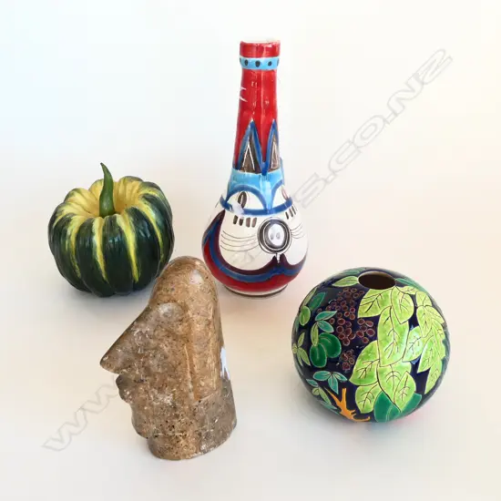 3 PCES ART CERAMICS; ITALIAN DESIMONE VASE H.245mm, PUMPKIN, 'BOTANIQUE' ORB + SOAPSTONE EASTER ISLAND TYPE HEAD H.150mm