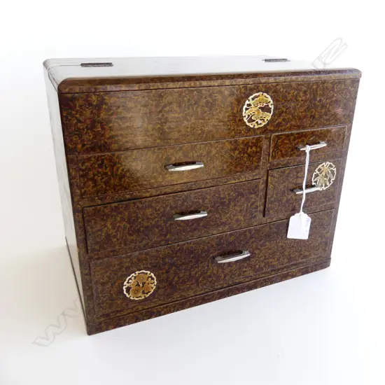 1970’S JAPANESE SEWING BOX  5 drawer red & gold stippled with MOP type highlights H250mm