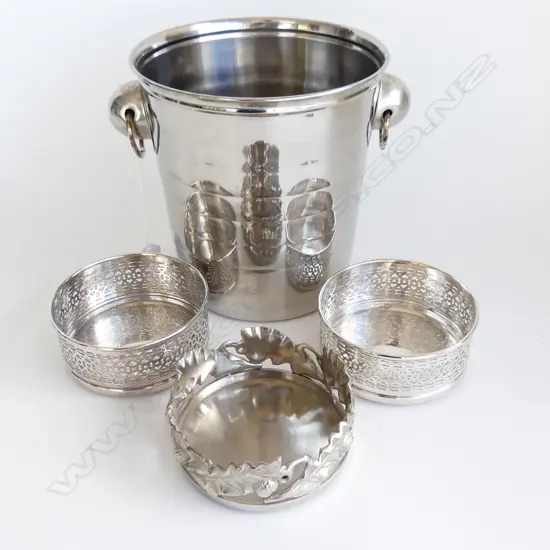 SILVER PLATE ICE BUCKET 195 X 185mm & 3 ASST WINE BOTTLE COASTERS 
