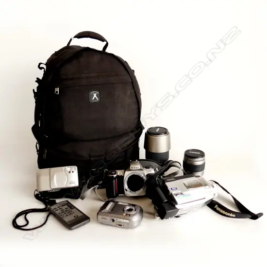 CAMERA BAG WITH NIKON CAMERA F65 & LENSES ALSO  PANASONIC 8MM MOVIE CAMERA  PENTAX ESPIO 90MC & KODACK EASY SHARE CAMERA