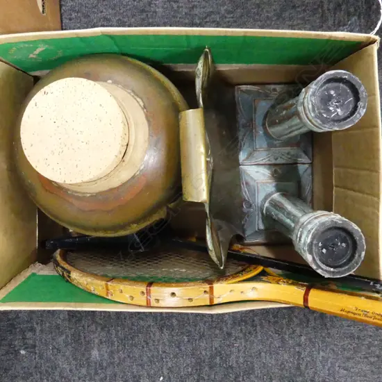 BOX LOT LG STUDIO POTTERY JAR, TENNIS RACKET ETC