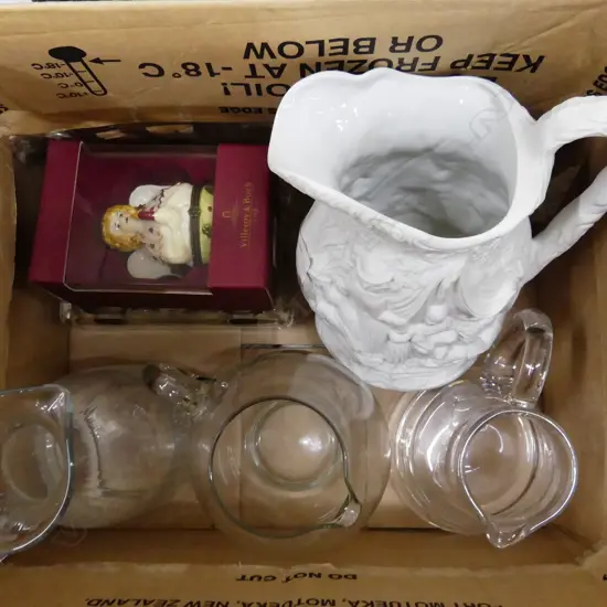 BOX ASST INCL VILLEROY BOCH DECORATION, PORTMEIRION, MARC AUREL GLASS ETC..