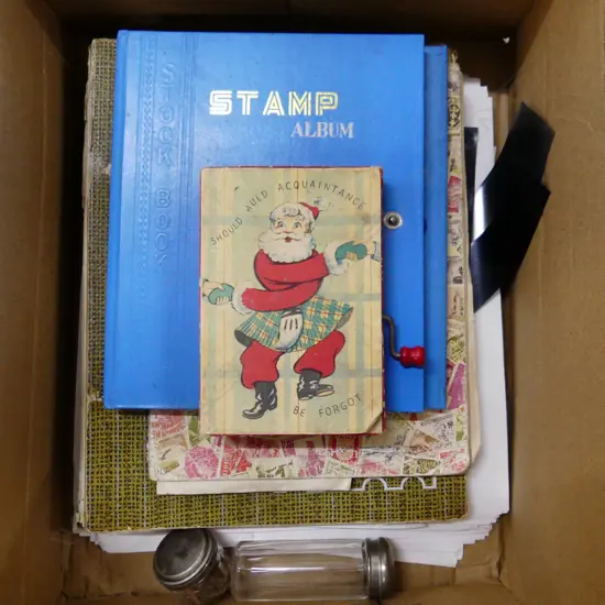 BOX LOT ASST. STAMPS; ALBUMS ETC