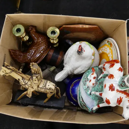 BOX LOT ENAMEL KETTLES, PR CANDLESTICKS, CHICKENS, STAFF. FIGURE ETC