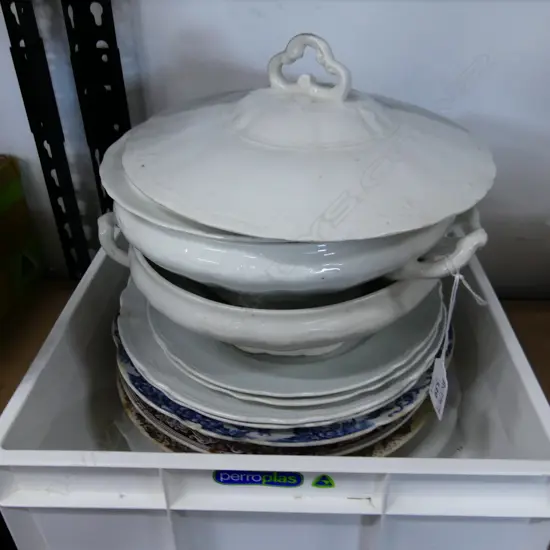 12 ASST. ANTIQUE PLATES + PR WHITE LIDDED TUREENS