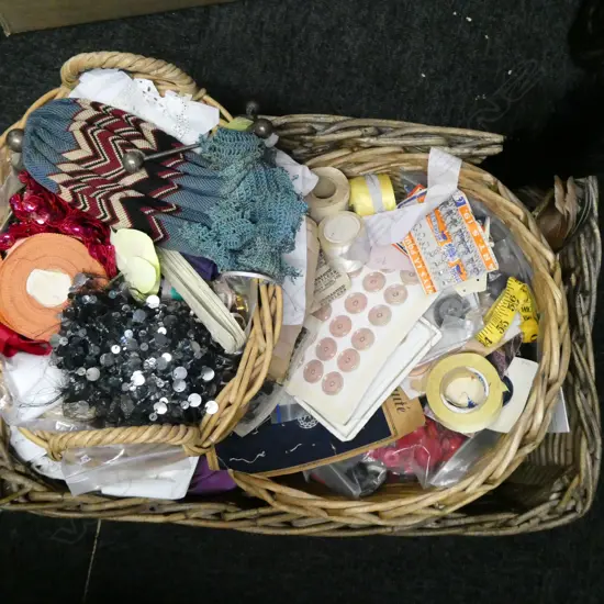 WOVEN BOX OF LINENS, BUTTONS ETC