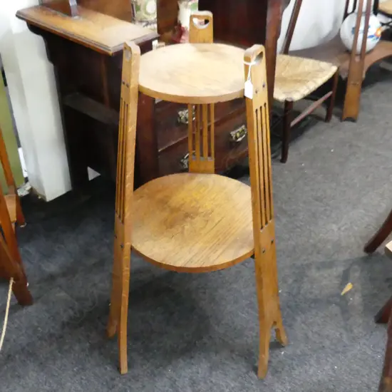 ARTS & CRAFTS PALE OAK PLANT STAND; HEART CUT OUTS H.910mm