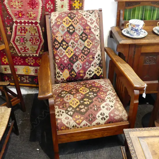 EARLY 20thC OAK ARTS & CRAFTS MORRIS CHAIR kelim upholstery 720x800x940mm