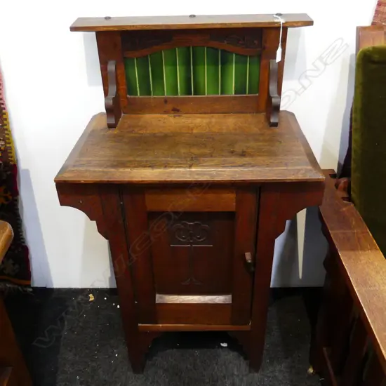 OAK ART NOUVEAU BEDSIDE CABINET; GREEN TILED UPSTAND 625x380x1020mm