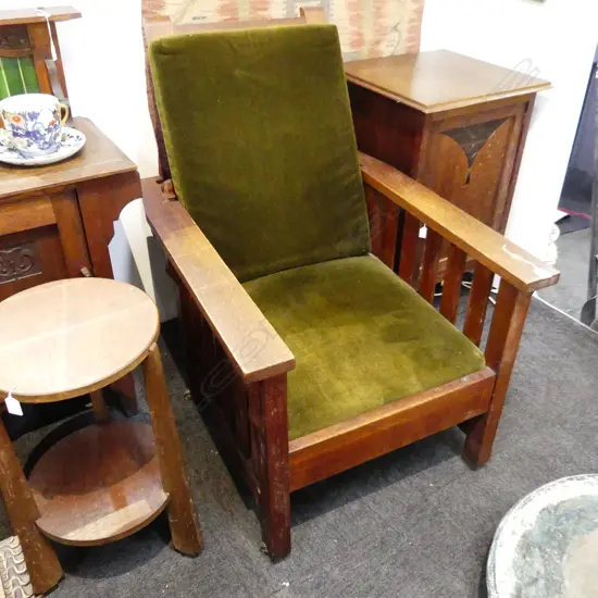 EARLY 20thC OAK ARTS & CRAFTS MORRIS CHAIR green velvet upholstery 715x870x1000mm