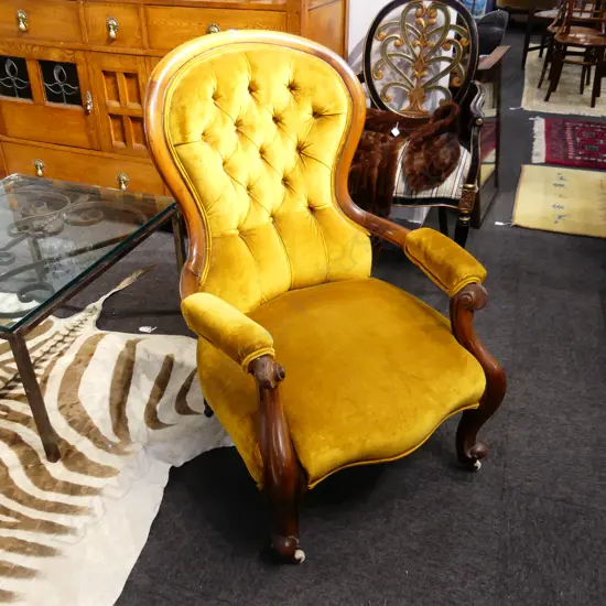VICTORIAN GRANDFATHER CHAIR IN YELLOW VELVET UPHOLSTERY