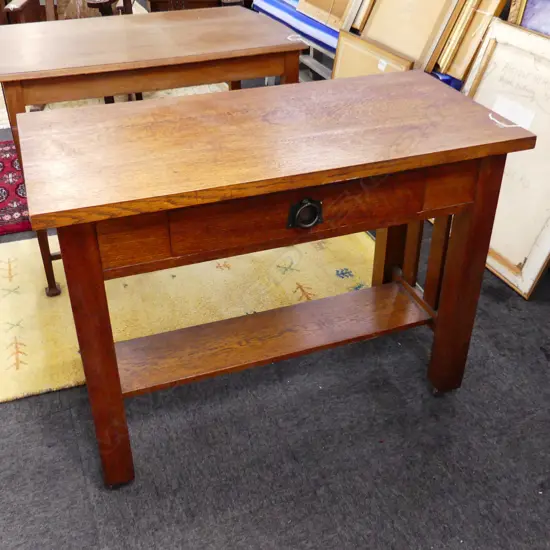 OAK ARTS & CRAFTS PLANK TOP SIDE TABLE; SLATTED ENDS 1045x500x785mm