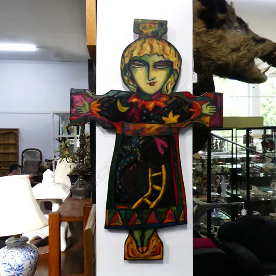 MADELINE BEASLEY (NZ b.1945) 'CRUCIFIED HOUSEWIFE' OIL ON BOARD 740x470mm