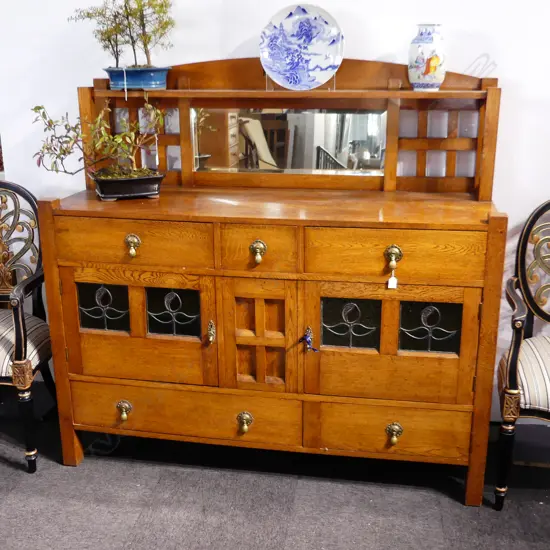 OAK ARTS & CRAFTS SIDE BOARD, COLOURED LEAD LIGHT PANELS 1530x560x1460mm