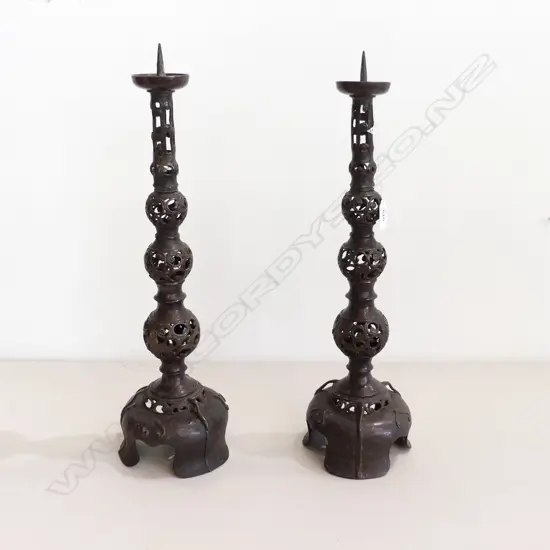 LATE EDO TO EARLY MEIJI WAX CAST BRONZE CANDLESTICKS PAIR BOXED H484mm