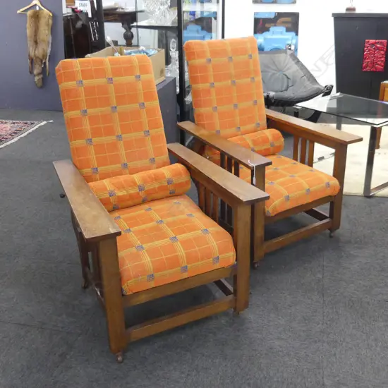 PR OAK MORRIS CHAIRS w. ORANGE UPHOLSTERY C. & W. HAYWARD Ltd ART FURNISHERS DUNEDIN