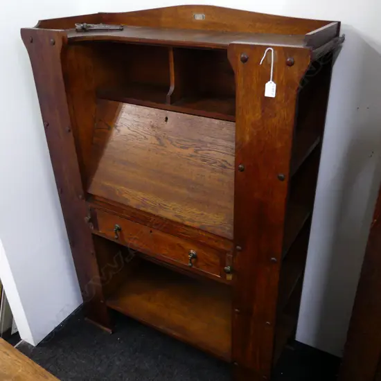 OAK ARTS & CRAFTS FALL FRONT BUREAU BOOKCASE 955x360x1400mm...