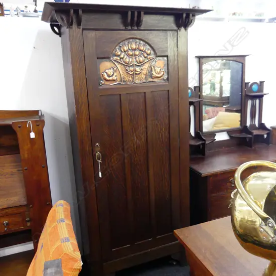 OAK ARTS & CRAFTS 1 DOOR CUPBOARD; COPPER PANEL 1065x560x1985mm