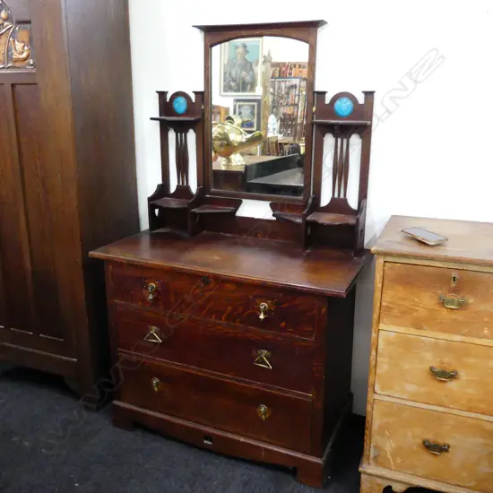 OAK ARTS & CRAFTS DRESSING TABLE w. GLAZED MEDALLIONS & ODD HANDLES 1070x505x1720mm