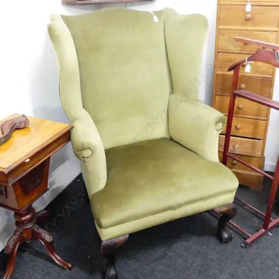 GREEN VELVET WING BACK ARM CHAIR w. BALL & CLAW FEET H.1120mm
