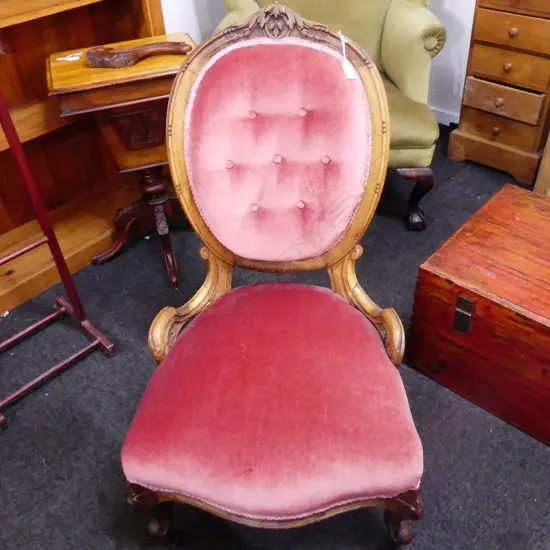 VICTORIAN WALNUT FRAMED GRANDMOTHER CHAIR - PINK DRAYLON UPHOLSTERY