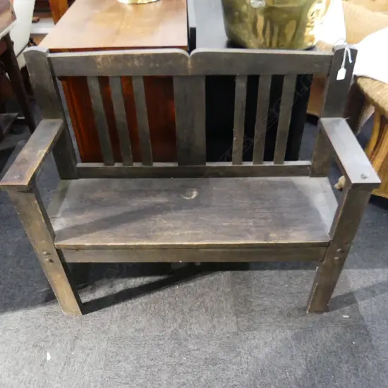 EARLY 20thC OAK SLAT BACK BENCH, DARK STAIN 1080x400x960mm