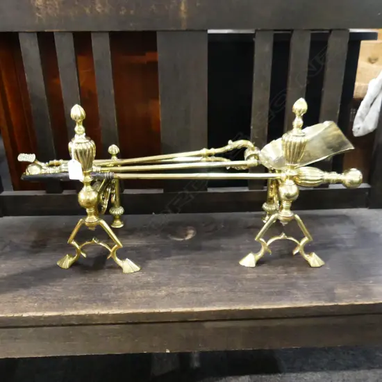 PR BRASS FIRE DOGS & 3 FIRE IRONS